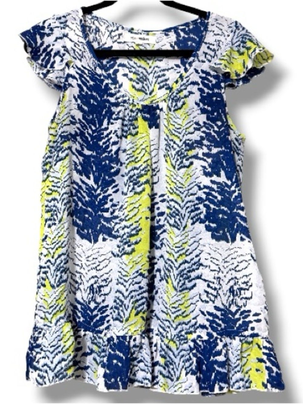 Steve Madden medium ruffle sleeve and trim blouse scoop neck blue and green